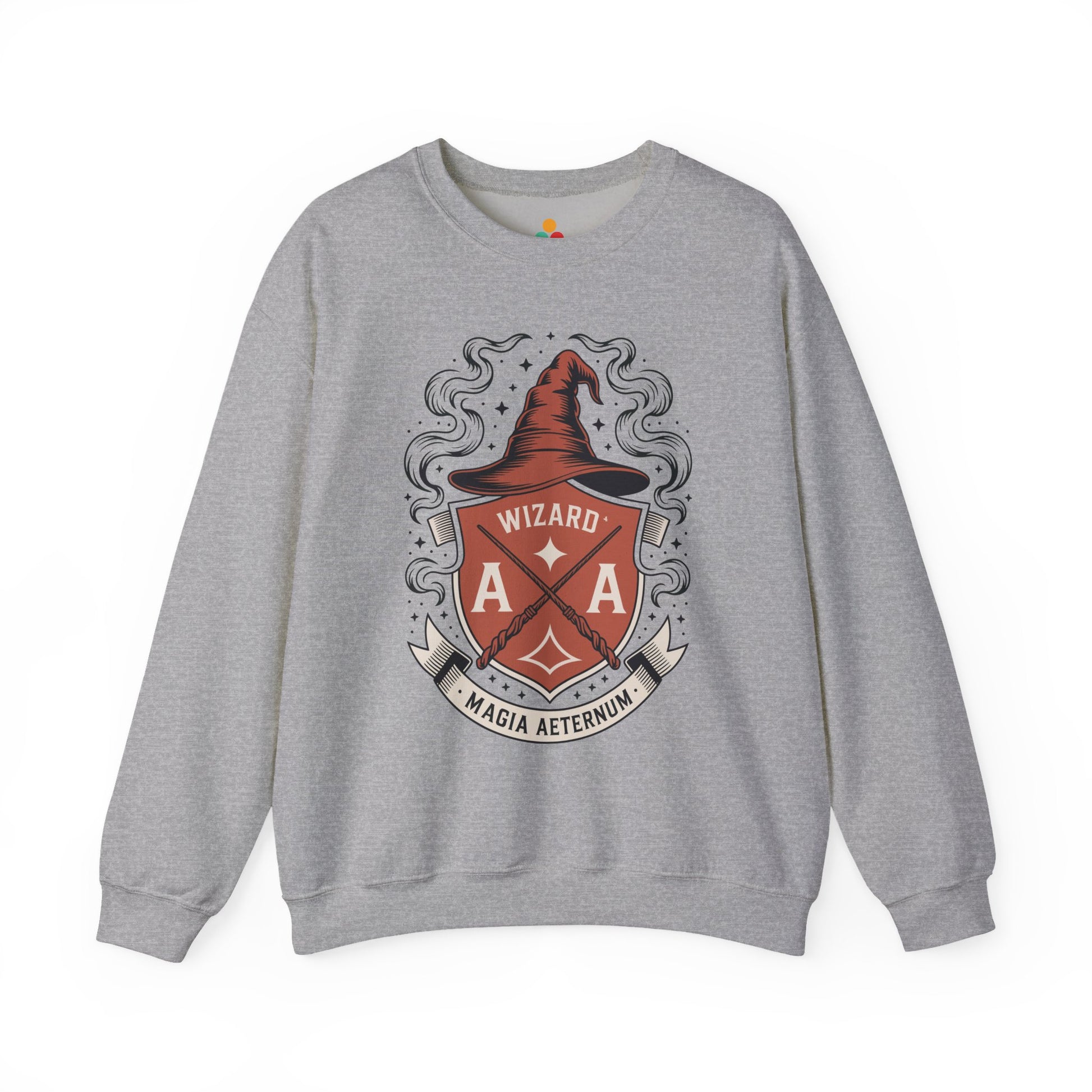 TEEZOCA wizard crest sweatshirt with magical fantasy emblem design Gray sweatshirt with a crest design featuring a witch hat and 'Wizard Magia Aeternum' text on a white background.