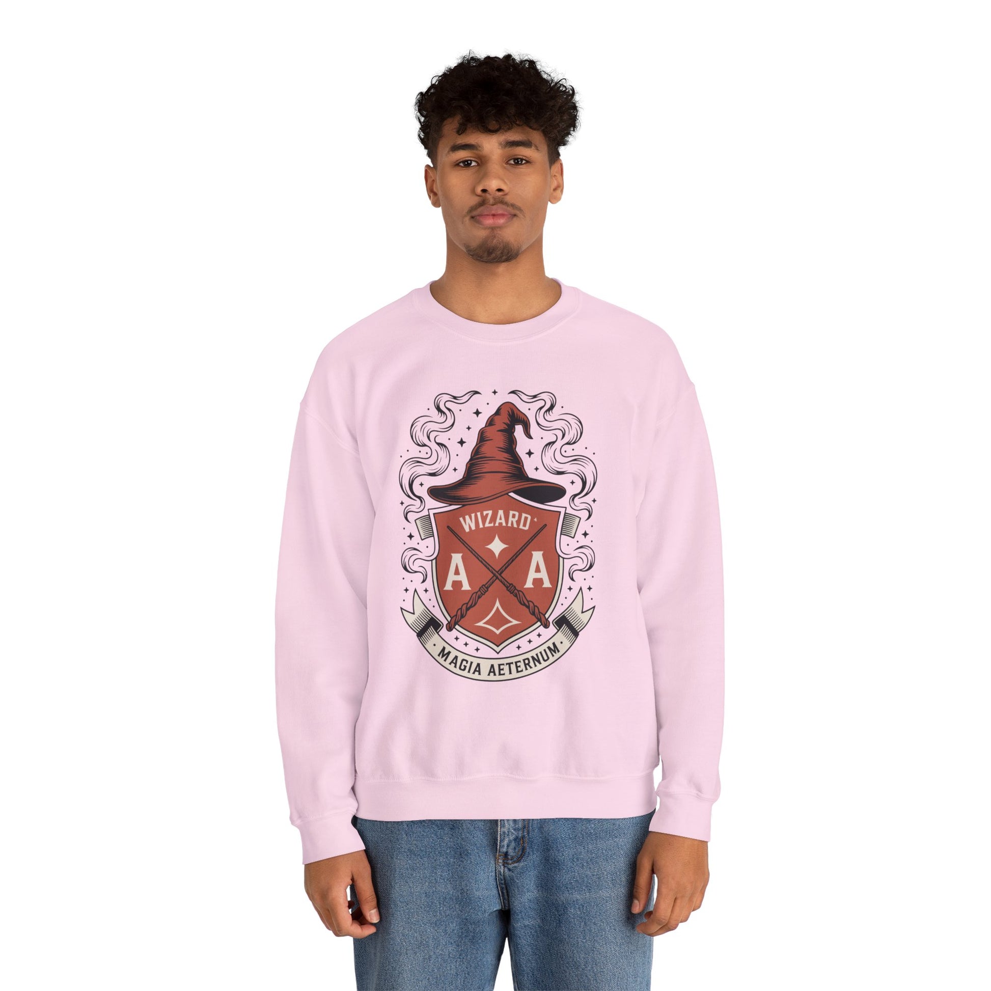 TEEZOCA wizard crest sweatshirt with magical fantasy emblem design Person wearing a pink sweatshirt with a graphic design on a white background
