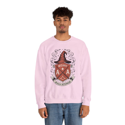 TEEZOCA wizard crest sweatshirt with magical fantasy emblem design Person wearing a pink sweatshirt with a graphic design on a white background