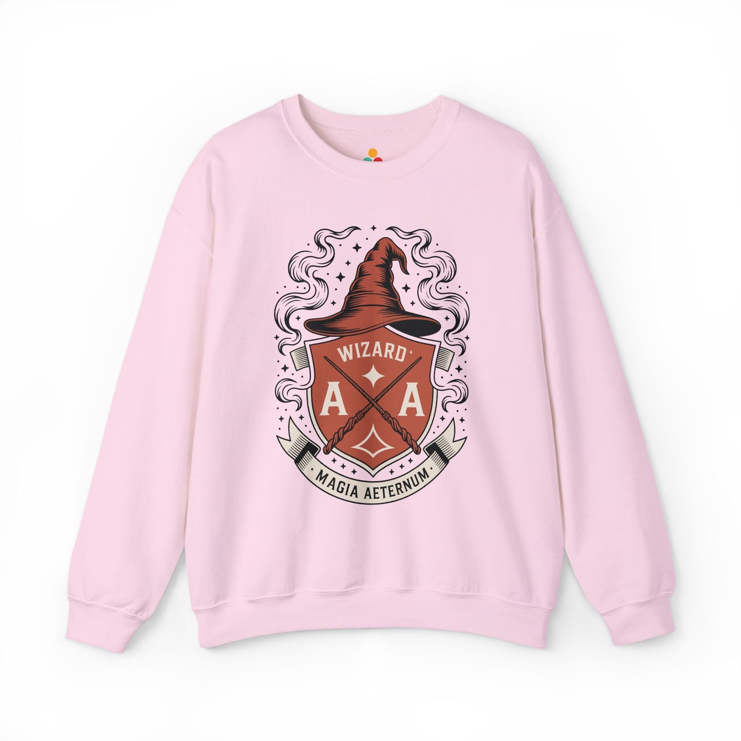TEEZOCA wizard crest sweatshirt with magical fantasy emblem design Pink sweatshirt with a wizard-themed graphic on a white background