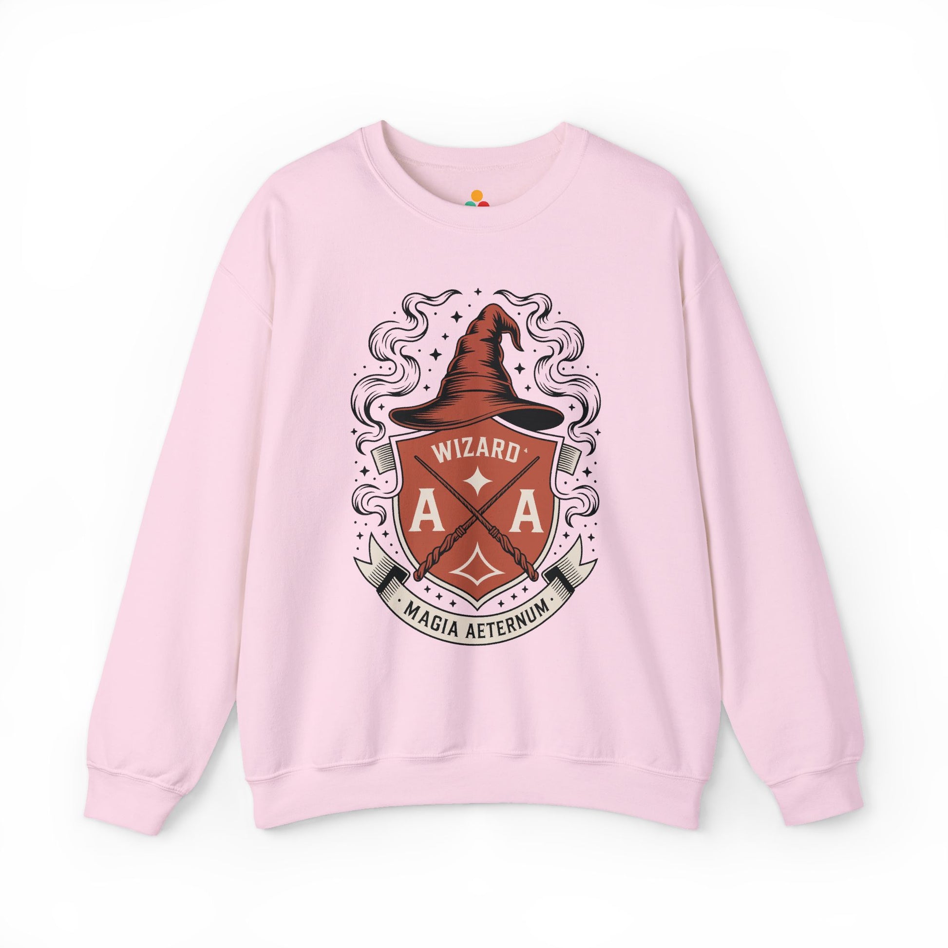 TEEZOCA wizard crest sweatshirt with magical fantasy emblem design Pink sweatshirt with a wizard-themed graphic on a white background