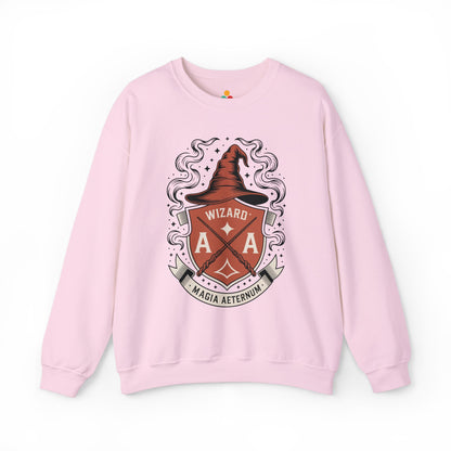 TEEZOCA wizard crest sweatshirt with magical fantasy emblem design Pink sweatshirt with a wizard-themed graphic on a white background