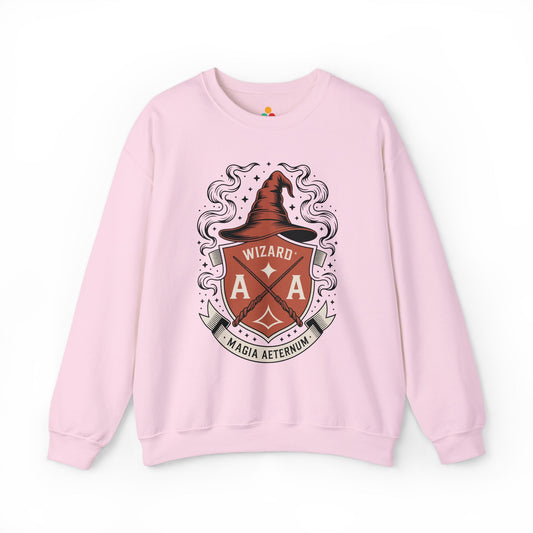 TEEZOCA wizard crest sweatshirt with magical fantasy emblem design Pink sweatshirt with a wizard-themed graphic on a white background