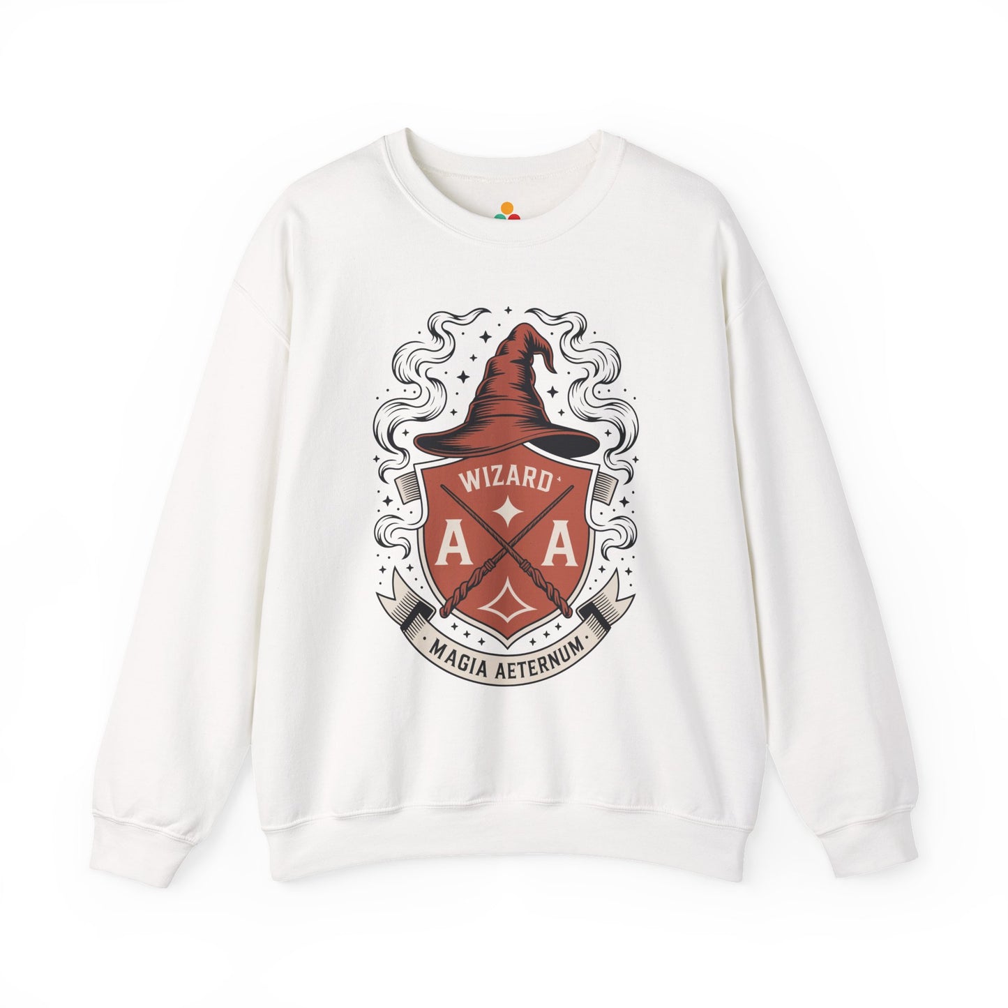 TEEZOCA wizard crest sweatshirt with magical fantasy emblem design White sweatshirt with a red and black graphic design on a white background
