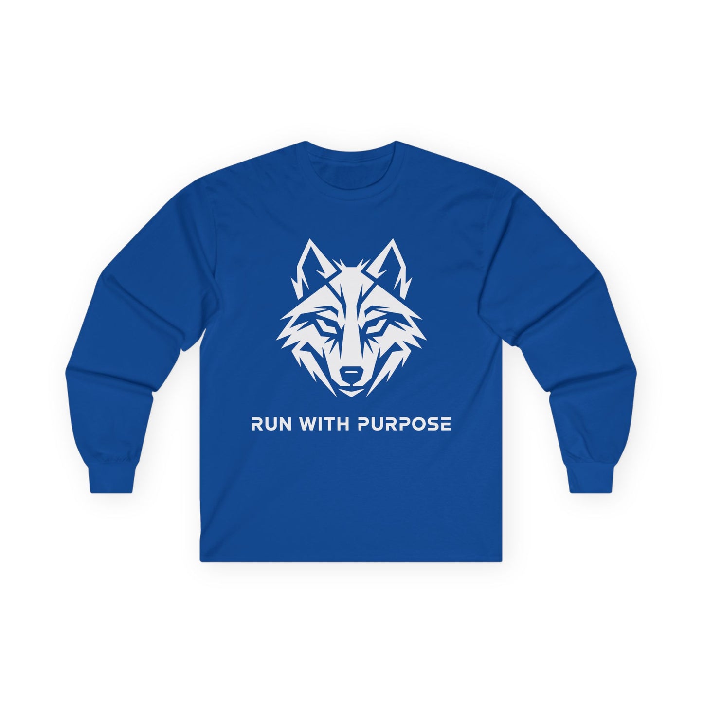 TEEZOCA wolf head graphic motivational long-sleeve shirt Blue long-sleeve shirt with a wolf graphic and 'Run with Purpose' text on a white background