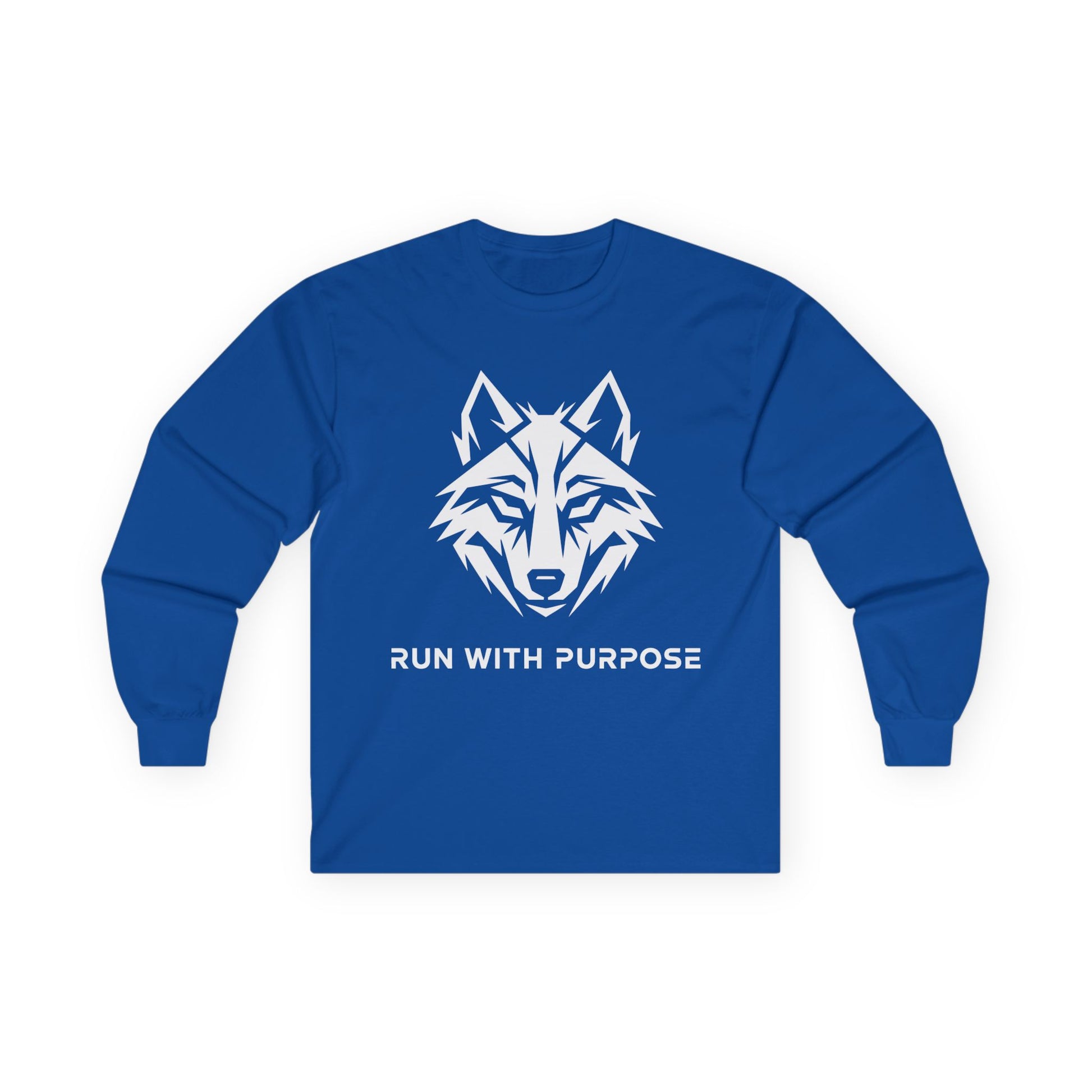 TEEZOCA wolf head graphic motivational long-sleeve shirt Blue long-sleeve shirt with a wolf graphic and 'Run with Purpose' text on a white background