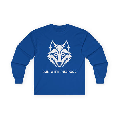 TEEZOCA wolf head graphic motivational long-sleeve shirt Blue long-sleeve shirt with a wolf graphic and 'Run with Purpose' text on a white background