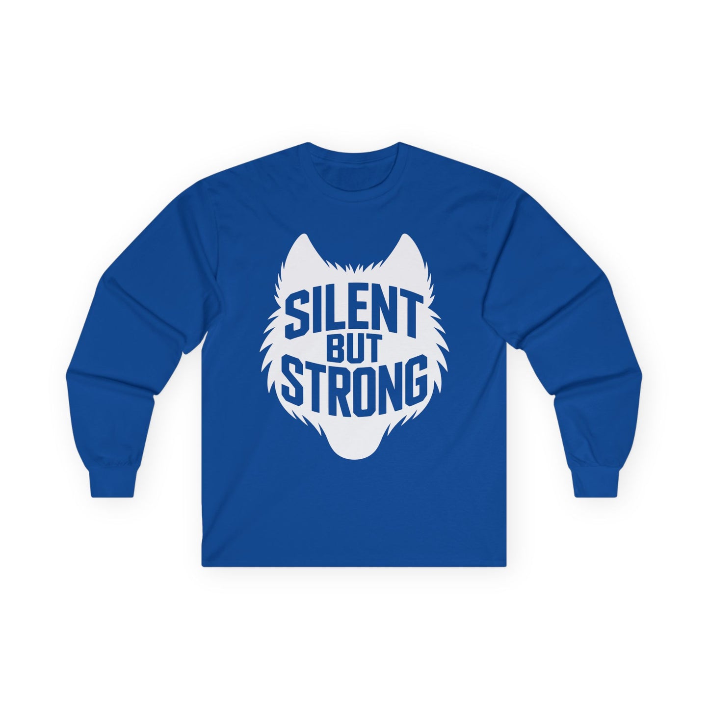 TEEZOCA wolf strength graphic unisex long-sleeve shirt Blue long-sleeve shirt with a wolf graphic and 'Silent But Strong' text on a white background