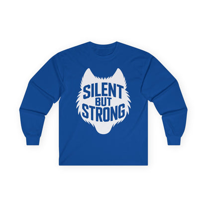 TEEZOCA wolf strength graphic unisex long-sleeve shirt Blue long-sleeve shirt with a wolf graphic and 'Silent But Strong' text on a white background