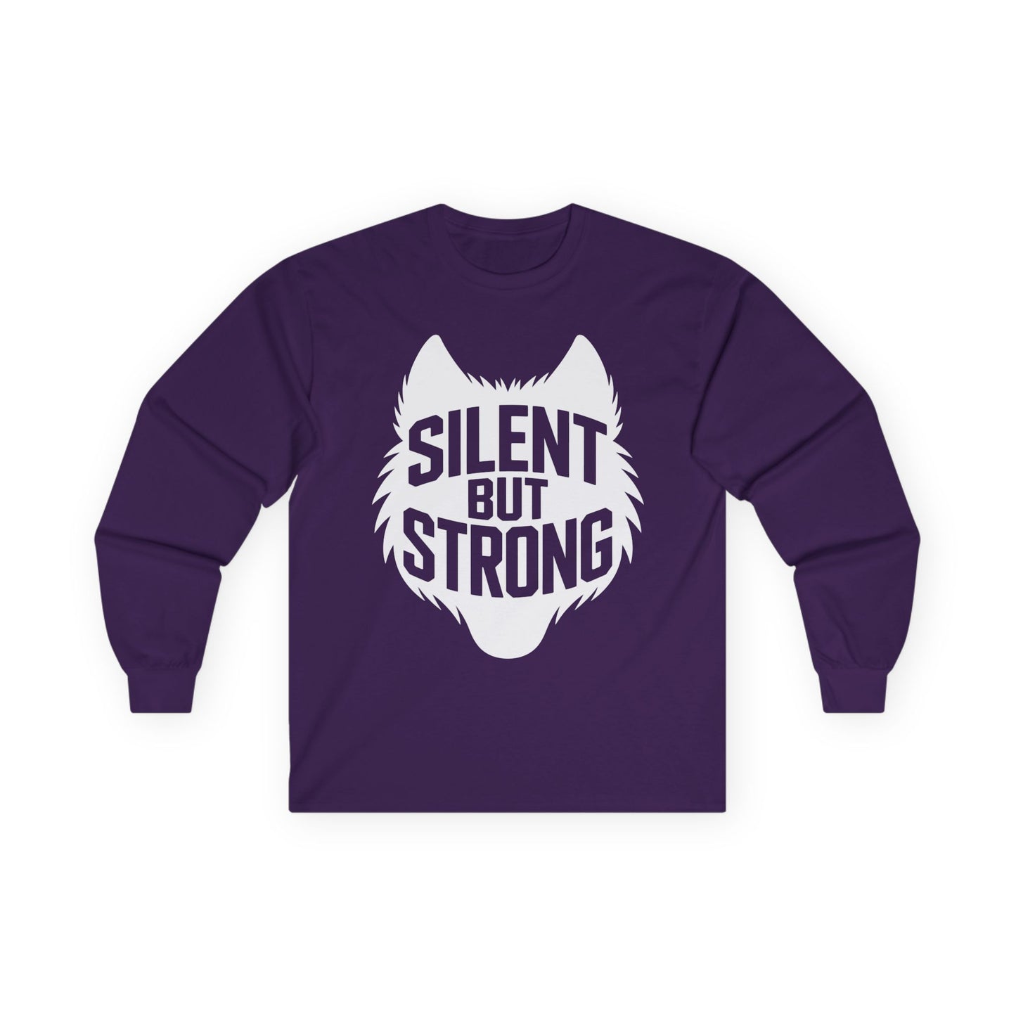 TEEZOCA wolf strength graphic unisex long-sleeve shirt Purple long-sleeve shirt with a white wolf graphic and 'Silent But Strong' text on a white background