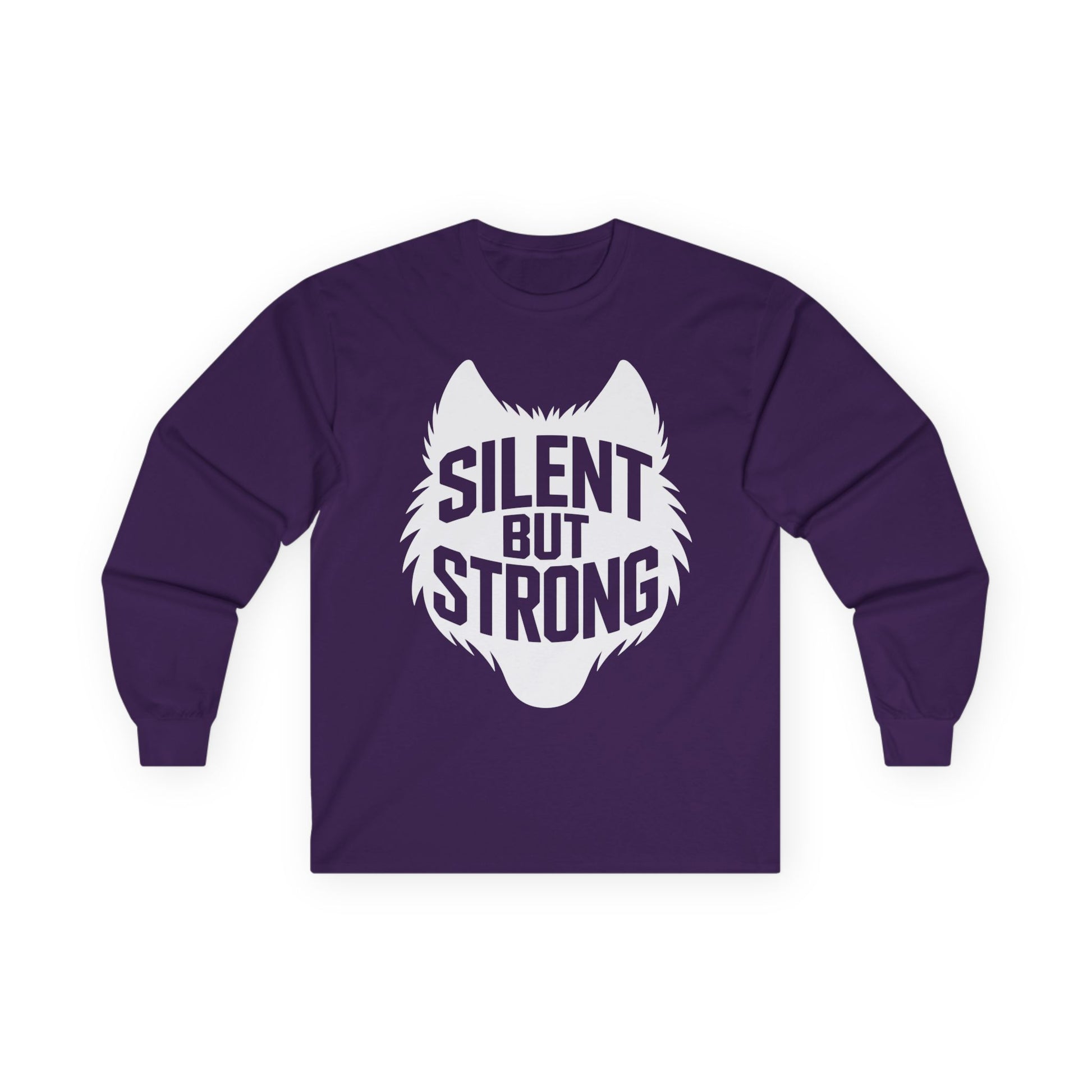 TEEZOCA wolf strength graphic unisex long-sleeve shirt Purple long-sleeve shirt with a white wolf graphic and 'Silent But Strong' text on a white background
