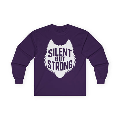 TEEZOCA wolf strength graphic unisex long-sleeve shirt Purple long-sleeve shirt with a white wolf graphic and 'Silent But Strong' text on a white background