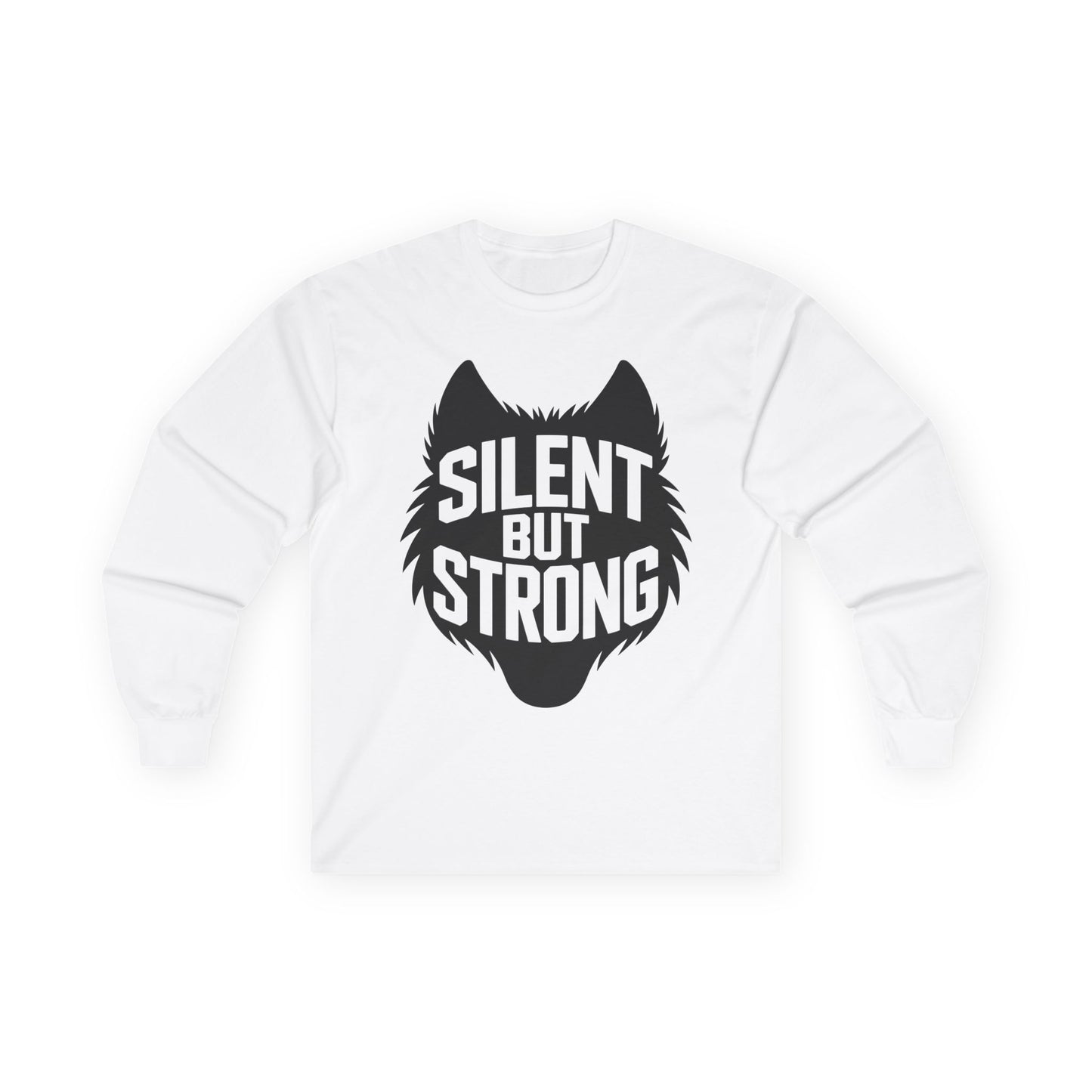 TEEZOCA wolf strength graphic unisex long-sleeve shirt White sweatshirt with black wolf graphic and 'Silent But Strong' text on a white background