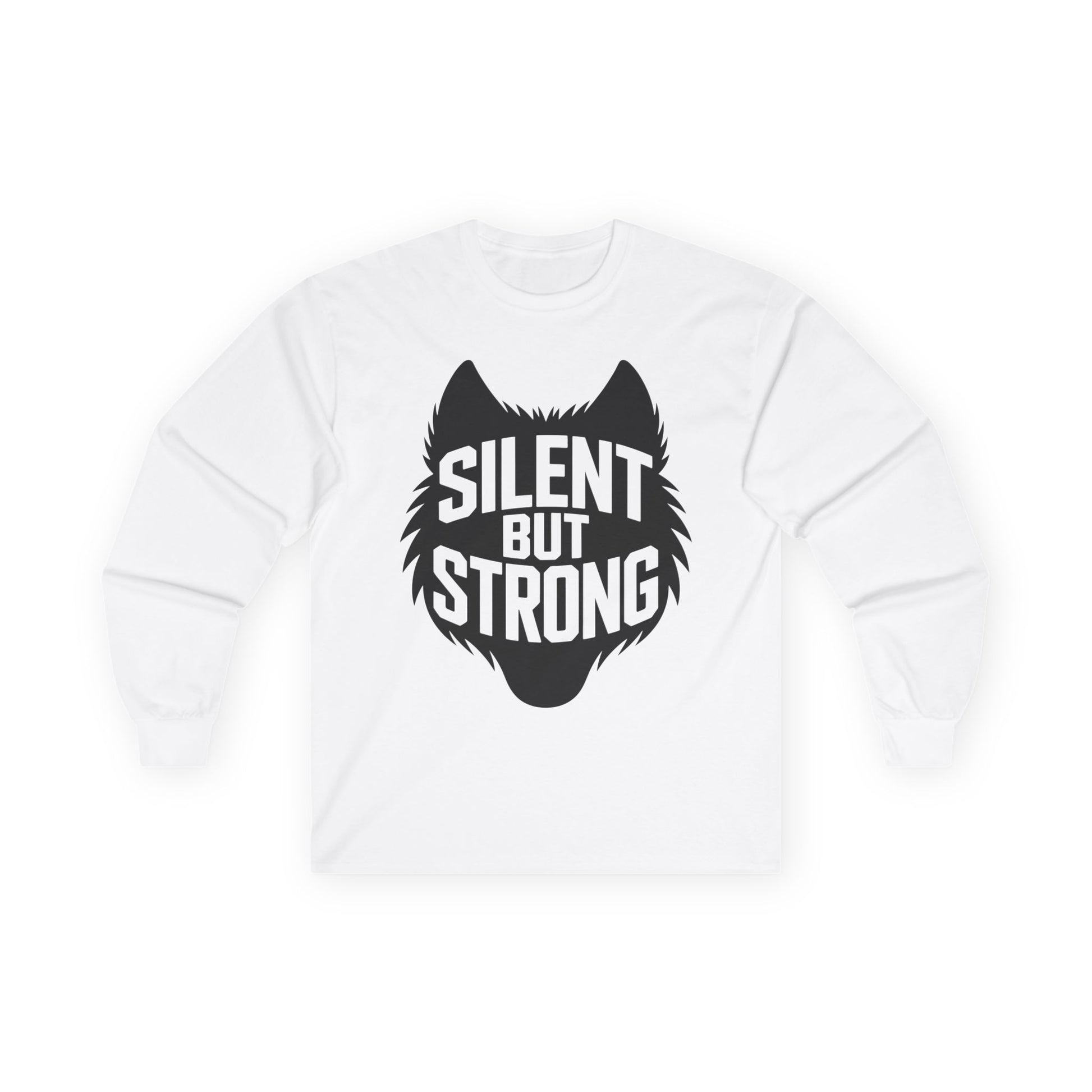 TEEZOCA wolf strength graphic unisex long-sleeve shirt White sweatshirt with black wolf graphic and 'Silent But Strong' text on a white background