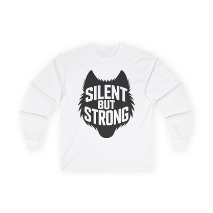 TEEZOCA wolf strength graphic unisex long-sleeve shirt White sweatshirt with black wolf graphic and 'Silent But Strong' text on a white background