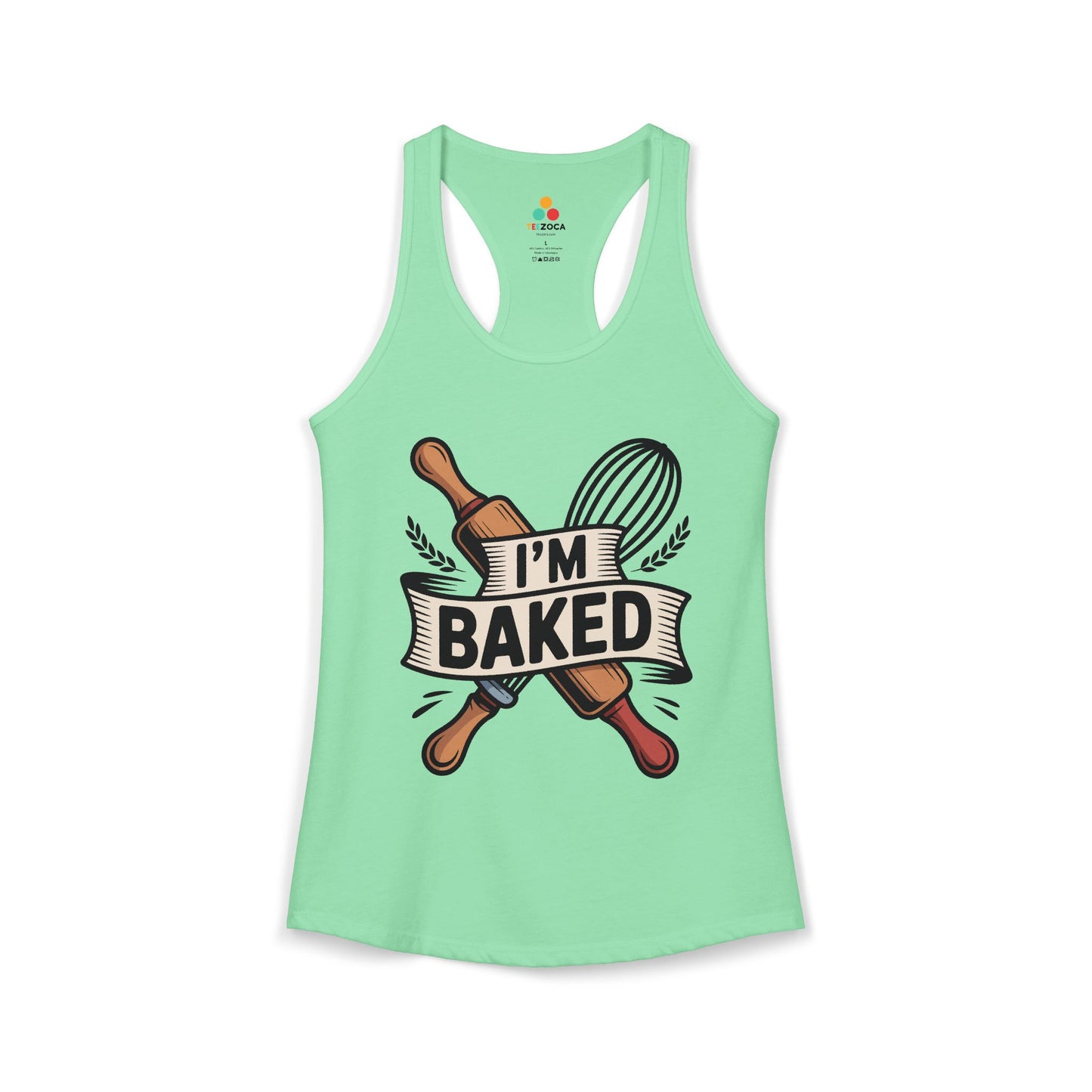 TEEZOCA women’s baking tank top with “I’m Baked” rolling pin design Mint green tank top with 'I'm Baked' graphic design on a white background