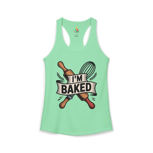 TEEZOCA women’s baking tank top with “I’m Baked” rolling pin design Mint green tank top with 'I'm Baked' graphic design on a white background