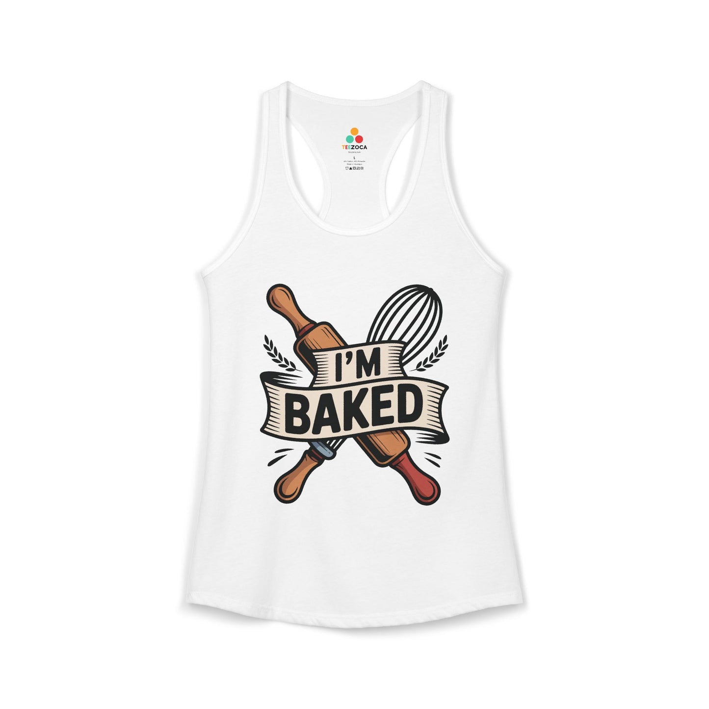 TEEZOCA women’s baking tank top with “I’m Baked” rolling pin design White tank top with 'I'm Baked' graphic design on a white background