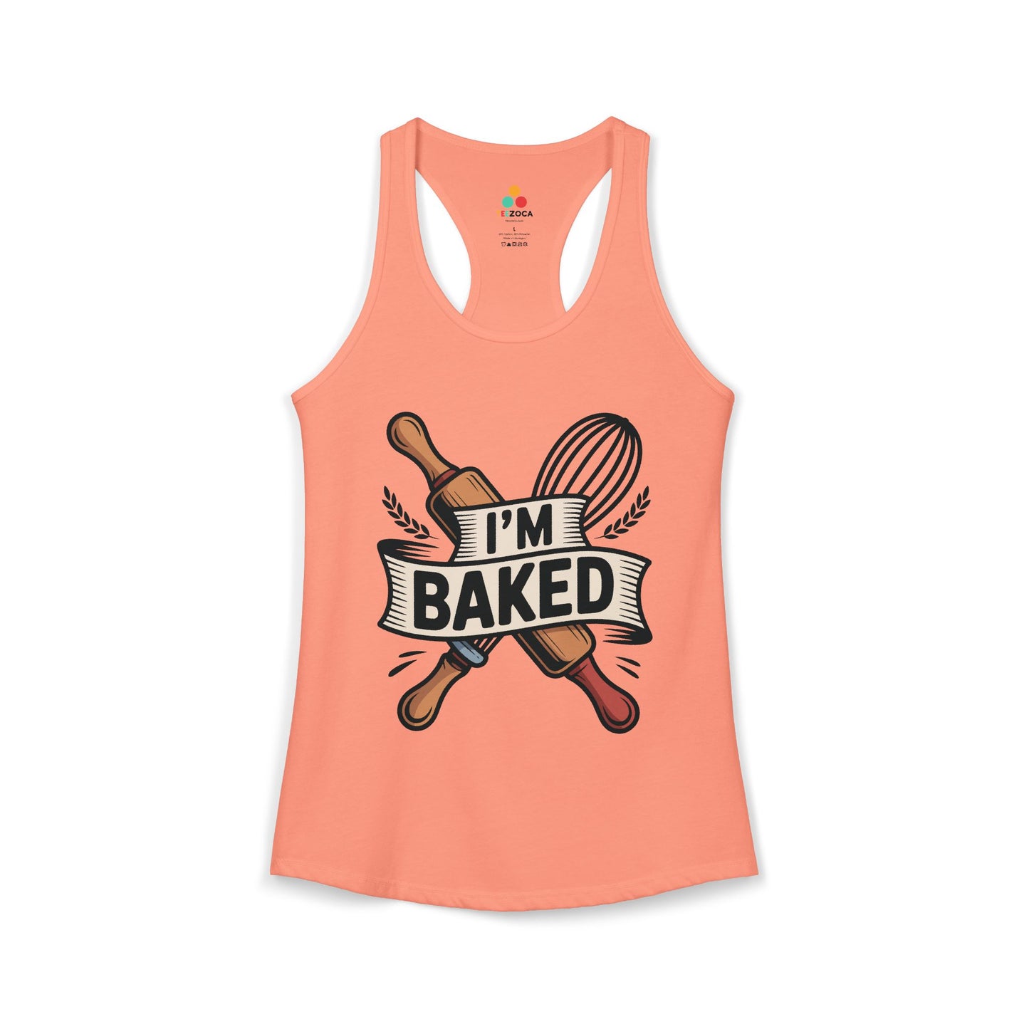 TEEZOCA women’s baking tank top with playful culinary graphic Peach-colored tank top with 'I'm Baked' graphic design on a white background