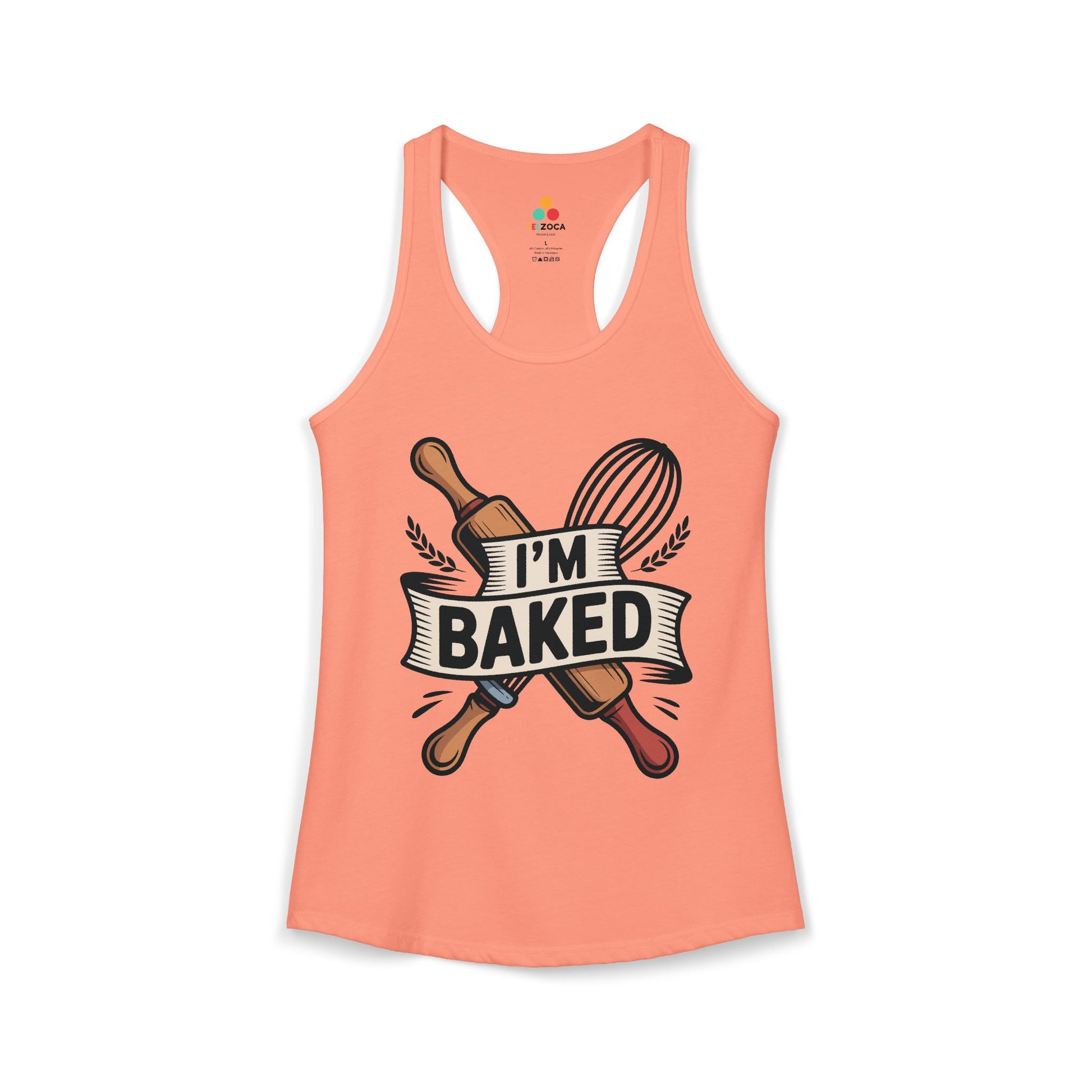 TEEZOCA women’s baking tank top with playful culinary graphic Peach-colored tank top with 'I'm Baked' graphic design on a white background