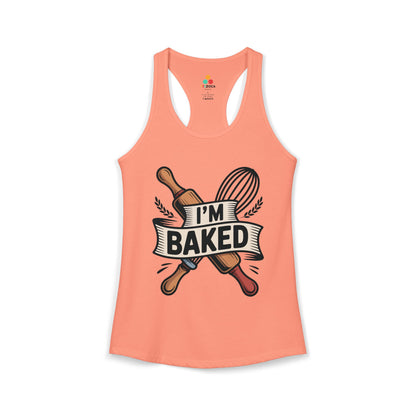 TEEZOCA women’s baking tank top with playful culinary graphic Peach-colored tank top with 'I'm Baked' graphic design on a white background