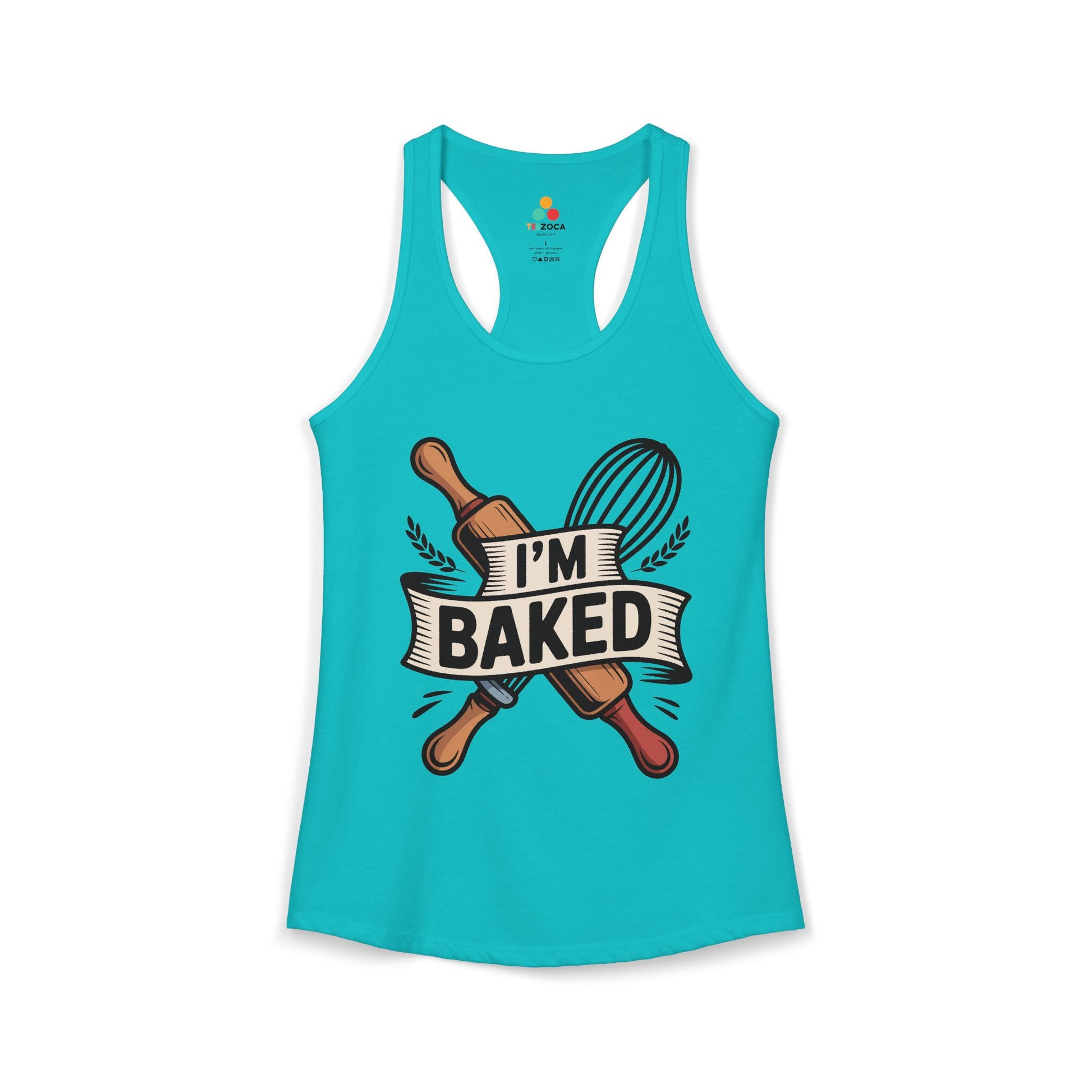 TEEZOCA women’s baking tank top with playful culinary graphic Turquoise tank top with 'I'm Baked' graphic design on a white background