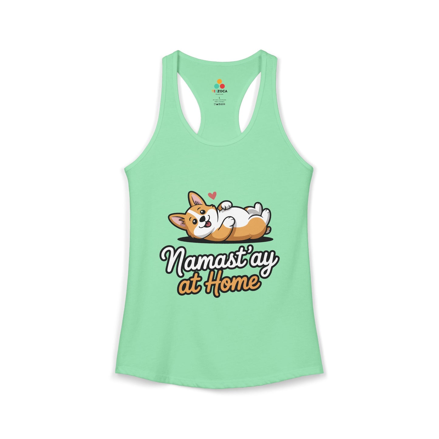 TEEZOCA women’s dog tank top with playful stay-at-home quote Mint green tank top with a dog graphic and text on a white background
