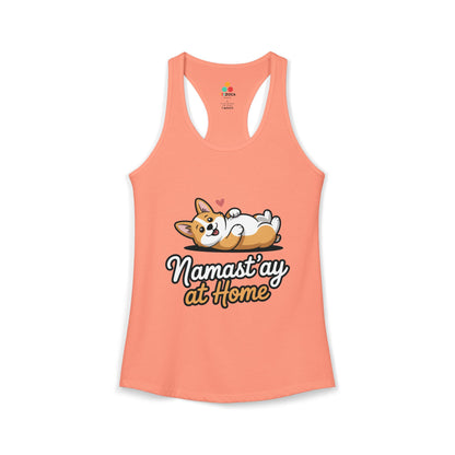 TEEZOCA women’s dog tank top with playful stay-at-home quote Peach-colored tank top with a corgi graphic and text on a white background