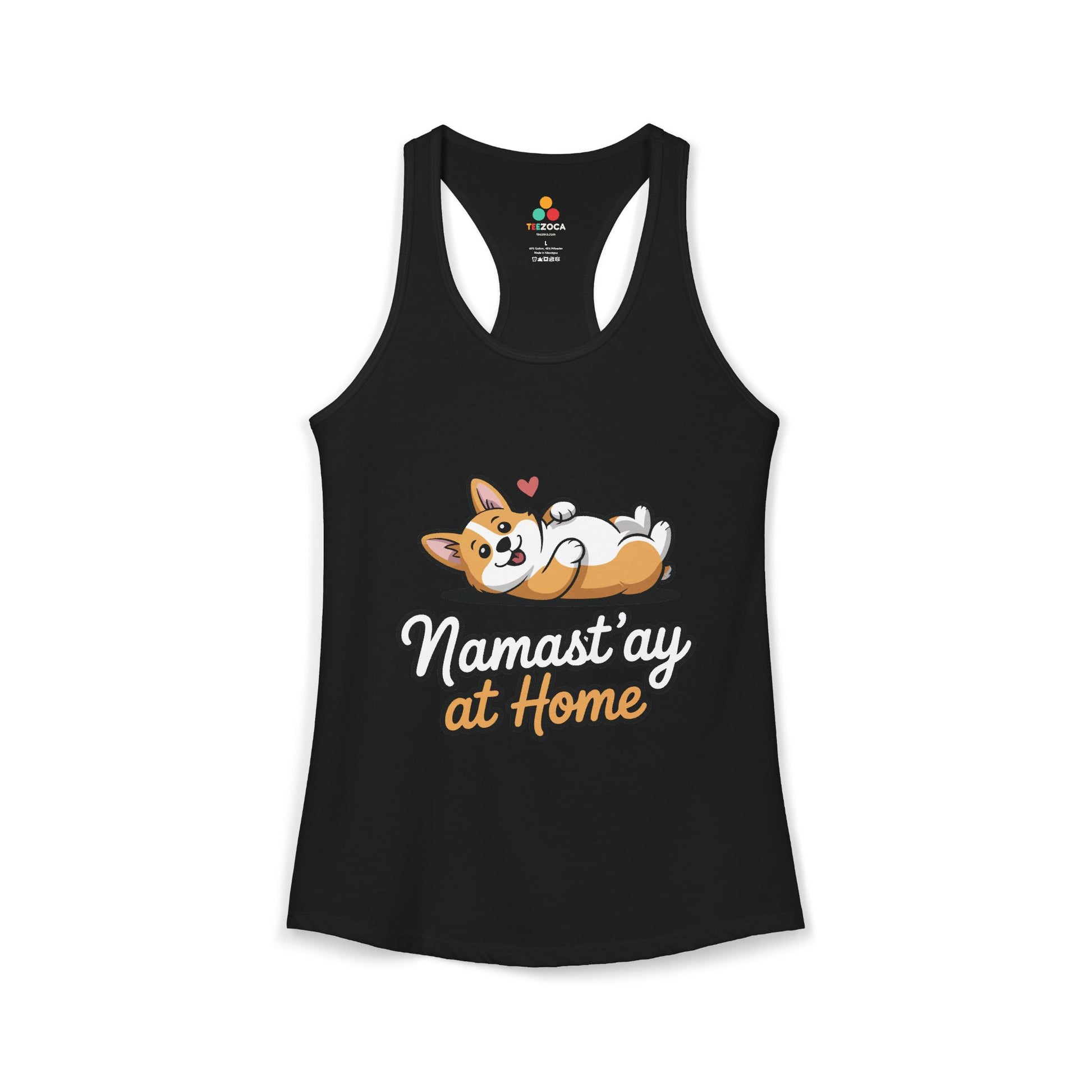 TEEZOCA women’s dog yoga tank top with Namast’ay at Home design Black tank top with a dog graphic and text 'Namast'ay at Home' on a white background