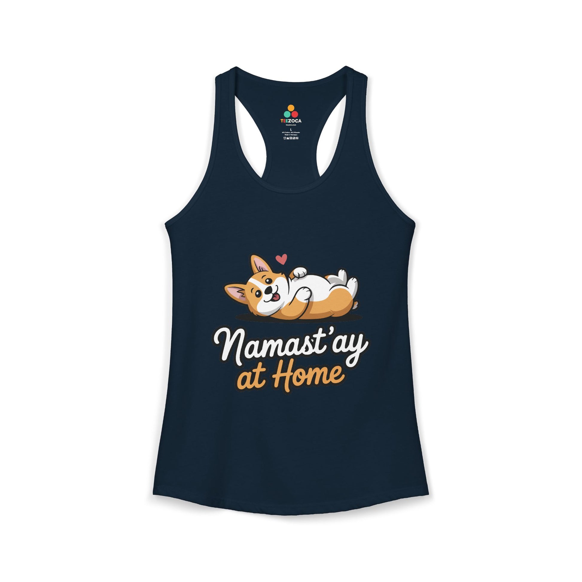TEEZOCA women’s dog yoga tank top with Namast’ay at Home design Navy tank top with a dog graphic and 'Namast'ay at Home' text on a white background