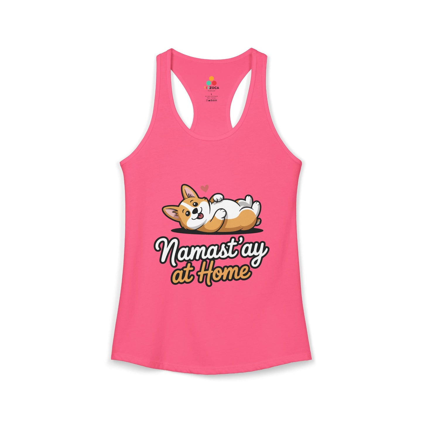 TEEZOCA women’s dog yoga tank top with Namast’ay at Home design Pink tank top with a dog graphic and text 'Namast'ay at Home' on a white background