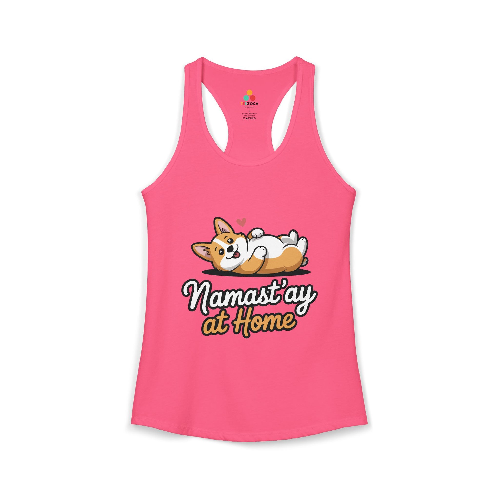 TEEZOCA women’s dog yoga tank top with Namast’ay at Home design Pink tank top with a dog graphic and text 'Namast'ay at Home' on a white background
