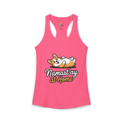 TEEZOCA women’s dog yoga tank top with Namast’ay at Home design Pink tank top with a dog graphic and text 'Namast'ay at Home' on a white background
