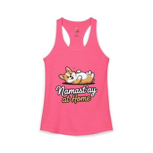 TEEZOCA women’s dog yoga tank top with Namast’ay at Home design Pink tank top with a dog graphic and text 'Namast'ay at Home' on a white background