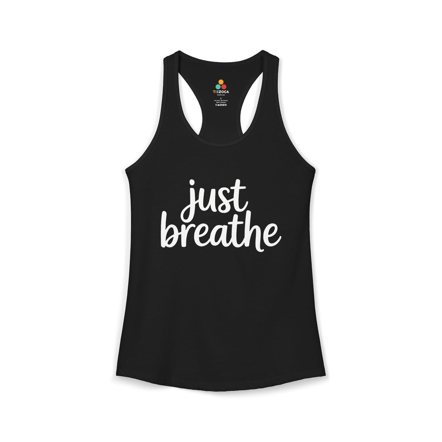TEEZOCA women’s mindfulness tank top with Just Breathe text design Black tank top with 'just breathe' text on a white background