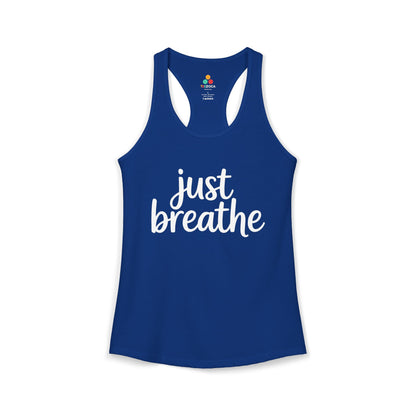 TEEZOCA women’s mindfulness tank top with Just Breathe text design Blue tank top with 'just breathe' text on a white background
