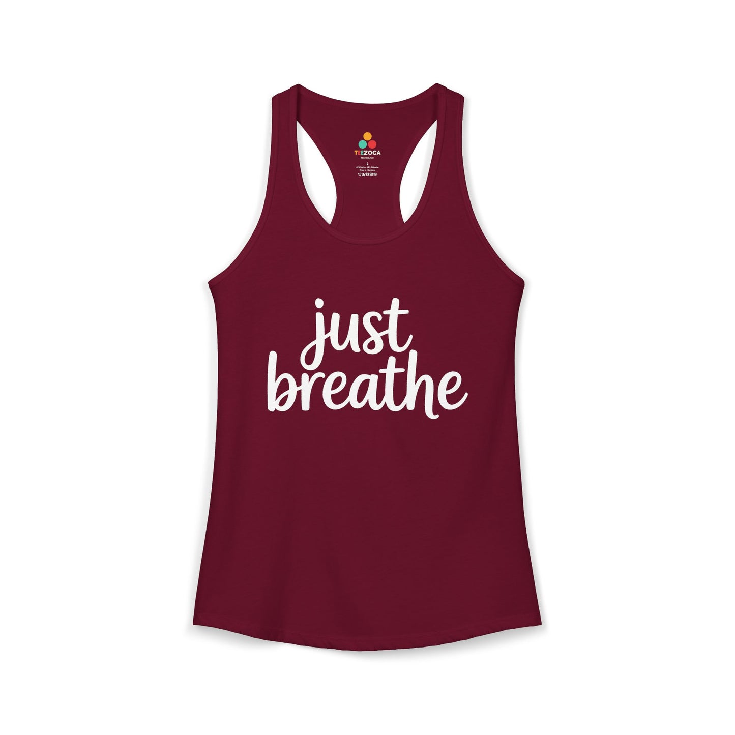 TEEZOCA women’s mindfulness tank top with Just Breathe text design Maroon tank top with 'just breathe' text on a white background