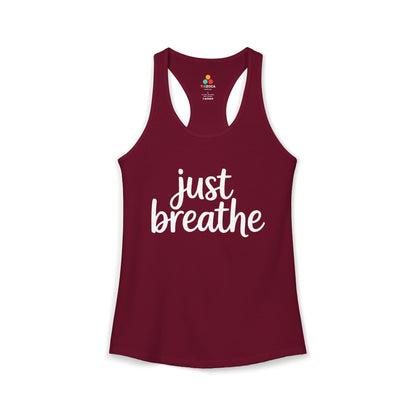 TEEZOCA women’s mindfulness tank top with Just Breathe text design Maroon tank top with 'just breathe' text on a white background
