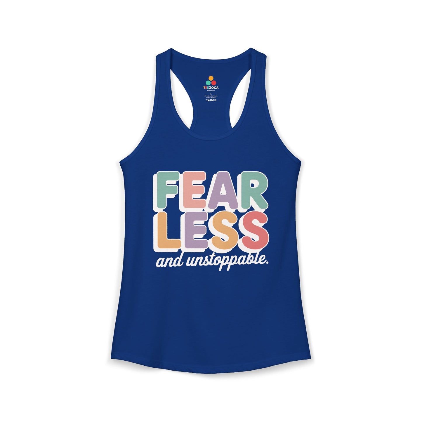 TEEZOCA women’s motivational tank top with fearless and unstoppable quote Blue tank top with 'Fearless and unstoppable' text on a white background