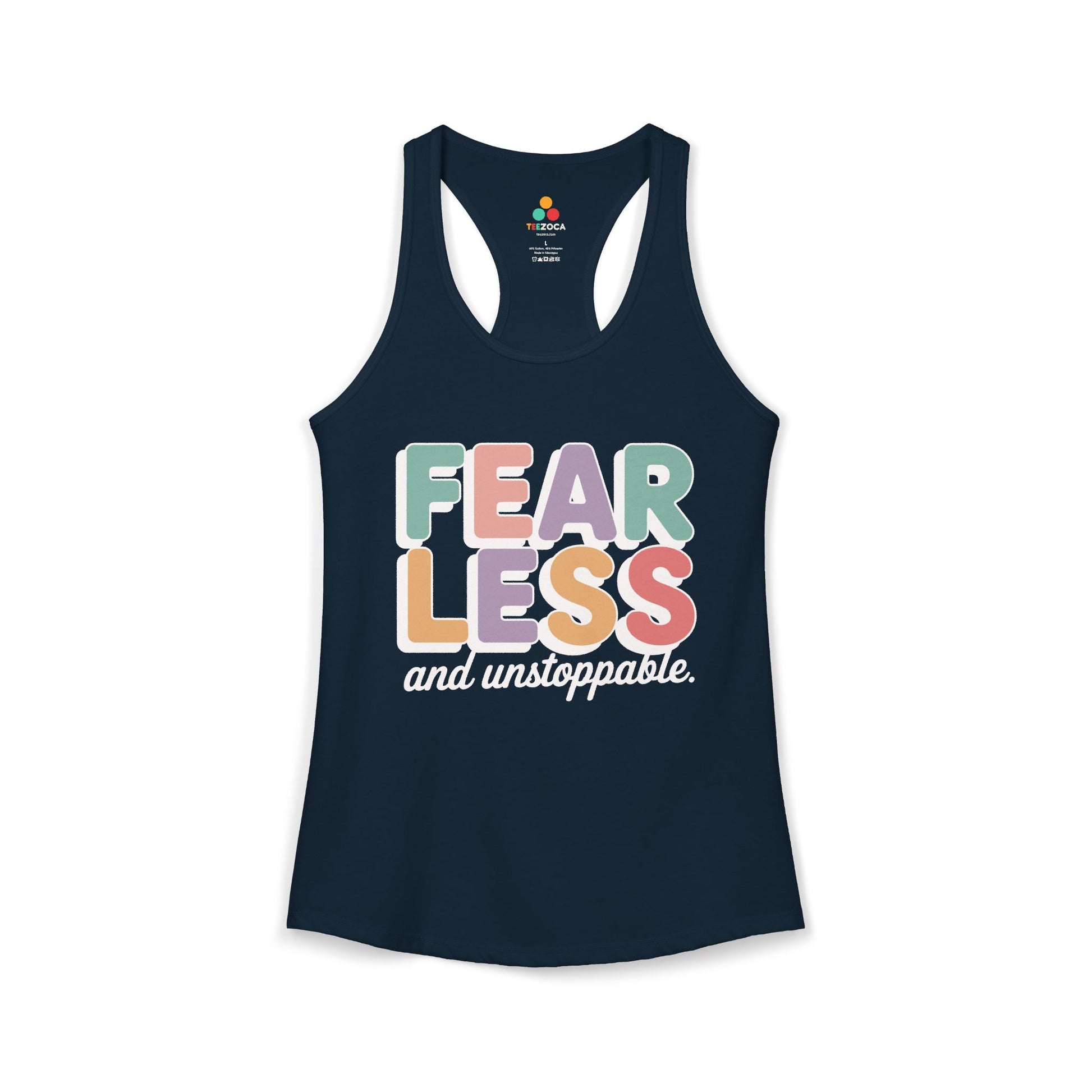TEEZOCA women’s motivational tank top with fearless and unstoppable quote Navy tank top with 'Fearless and unstoppable' text on a white background