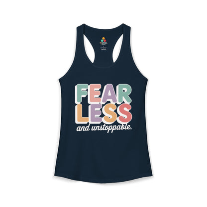 TEEZOCA women’s motivational tank top with fearless and unstoppable quote Navy tank top with 'Fearless and unstoppable' text on a white background