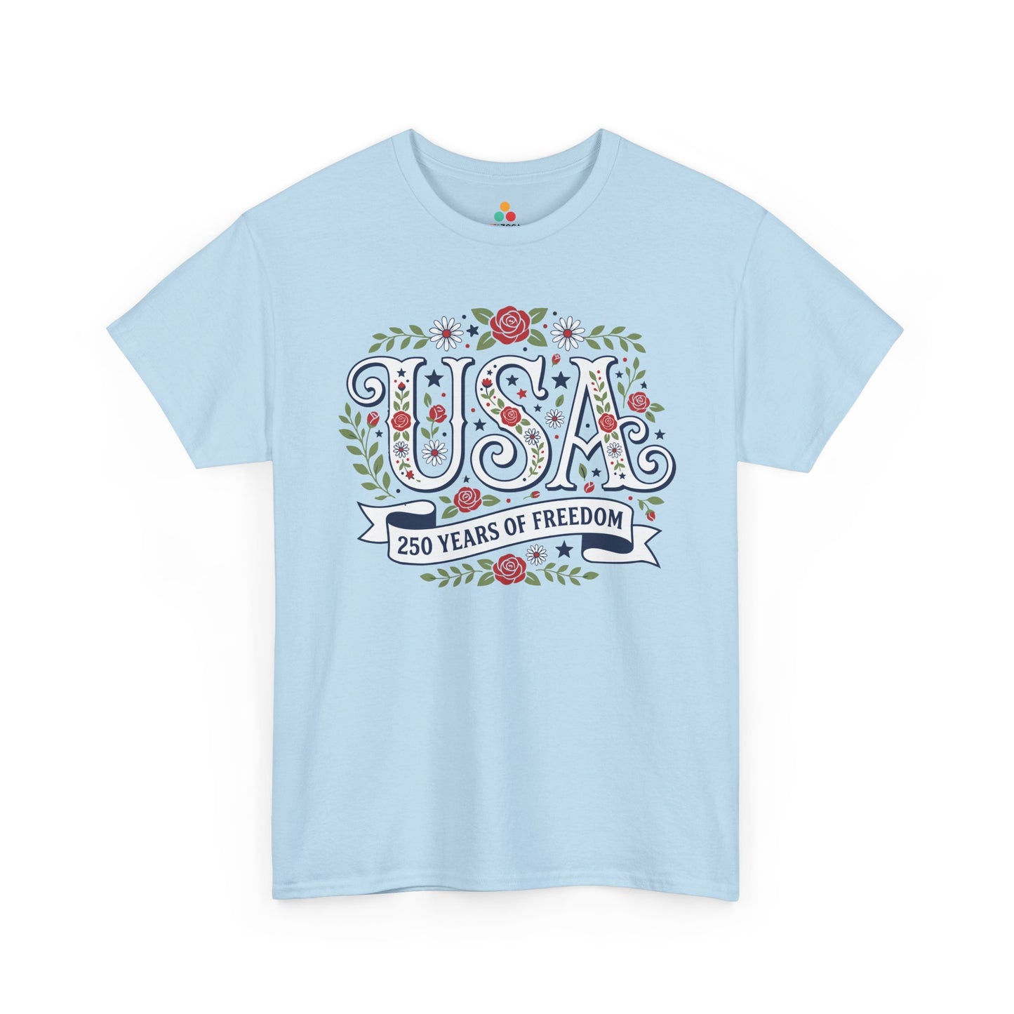 TEEZOCA women’s patriotic T-shirt showing USA letters decorated with red roses, white daisies, green leaves, and navy stars.
