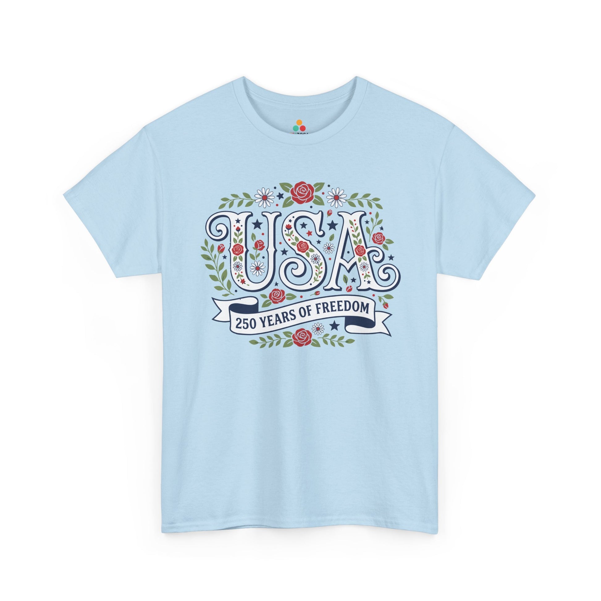 TEEZOCA women’s patriotic T-shirt showing USA letters decorated with red roses, white daisies, green leaves, and navy stars.
