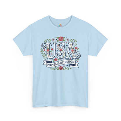 TEEZOCA women’s patriotic T-shirt showing USA letters decorated with red roses, white daisies, green leaves, and navy stars.
