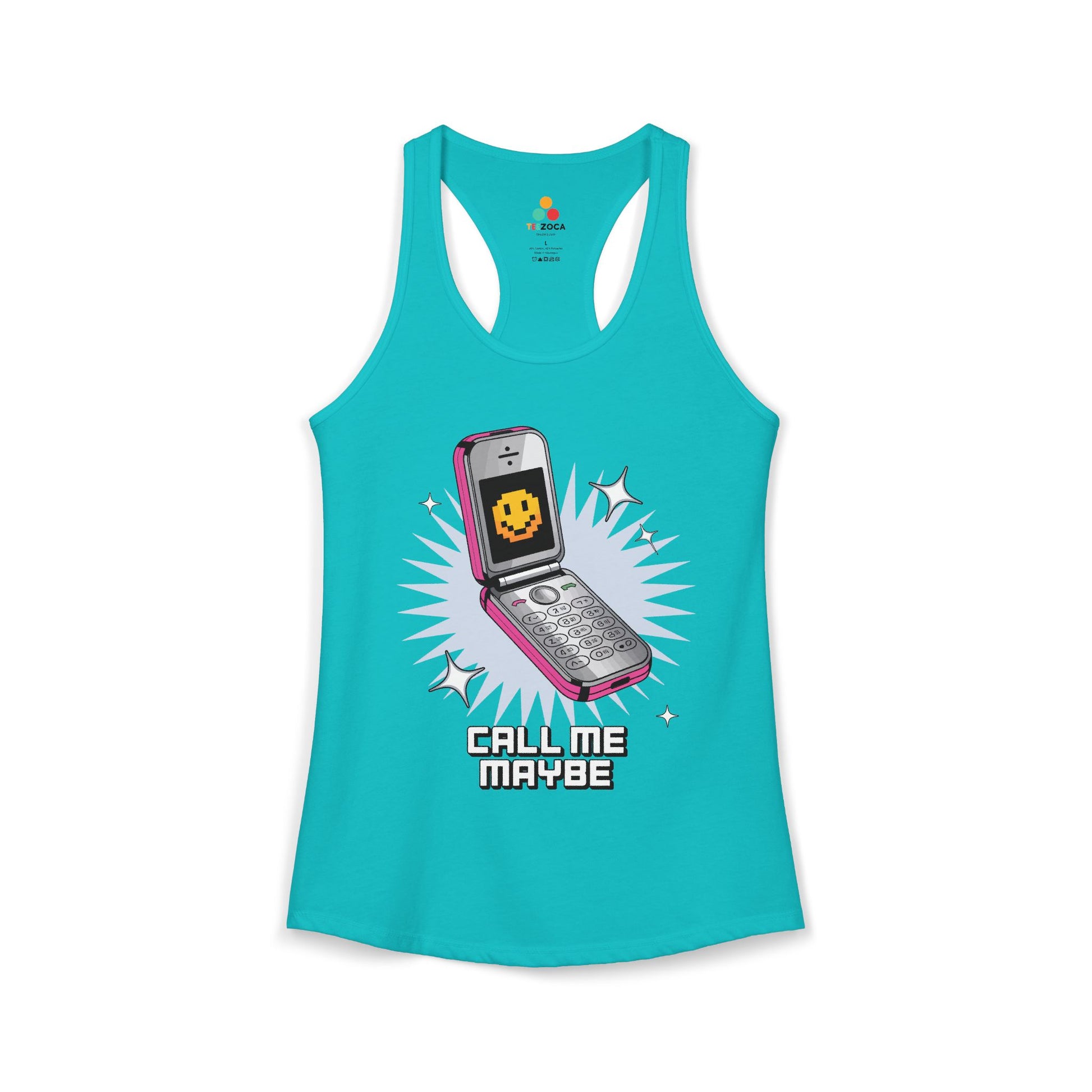 TEEZOCA women’s retro tank top with flip phone graphic and “Call Me Maybe” text. Turquoise tank top with a phone graphic and 'Call Me Maybe' text on a white background