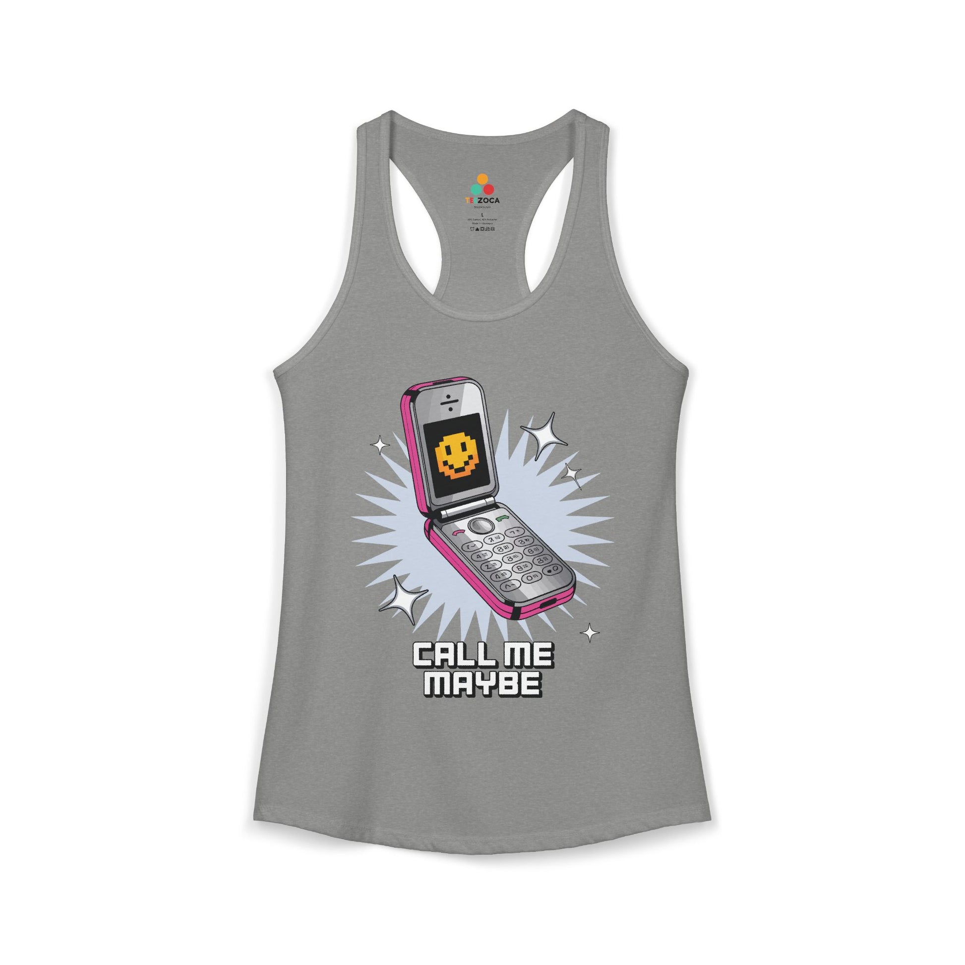 TEEZOCA women’s retro tank top with pixel smiley phone design. Gray tank top with a graphic of a flip phone and 'Call Me Maybe' text on a white background