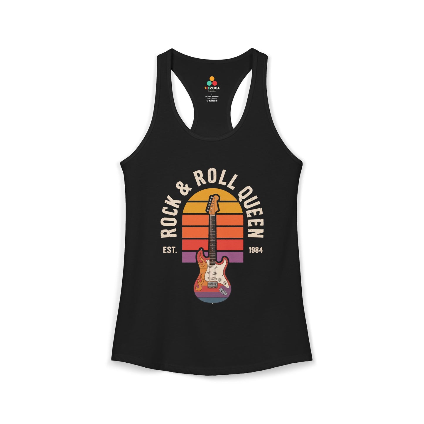 Black tank top with 'Rock & Roll Queen' graphic design on a white background. TEEZOCA women’s rock tank top with electric guitar and “Rock & Roll Queen” vintage design