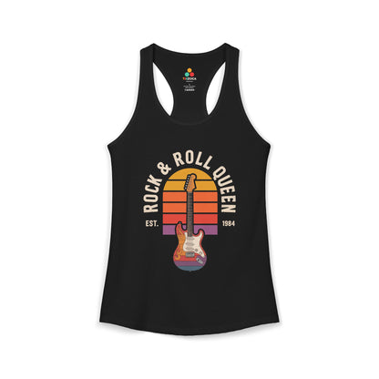 Black tank top with 'Rock & Roll Queen' graphic design on a white background. TEEZOCA women’s rock tank top with electric guitar and “Rock & Roll Queen” vintage design