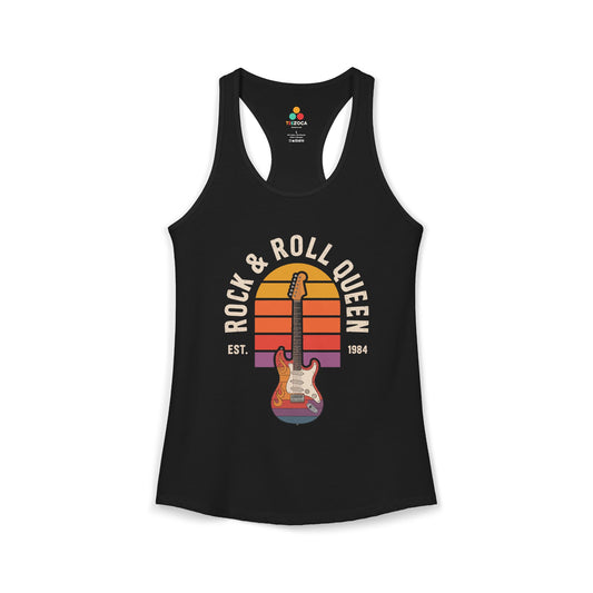 Black tank top with 'Rock & Roll Queen' graphic design on a white background. TEEZOCA women’s rock tank top with electric guitar and “Rock & Roll Queen” vintage design