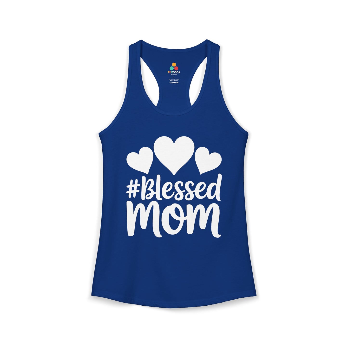 TEEZOCA women’s tank top featuring Blessed Mom lettering and hearts Blue tank top with '#Blessed Mom' text and heart designs on a white background